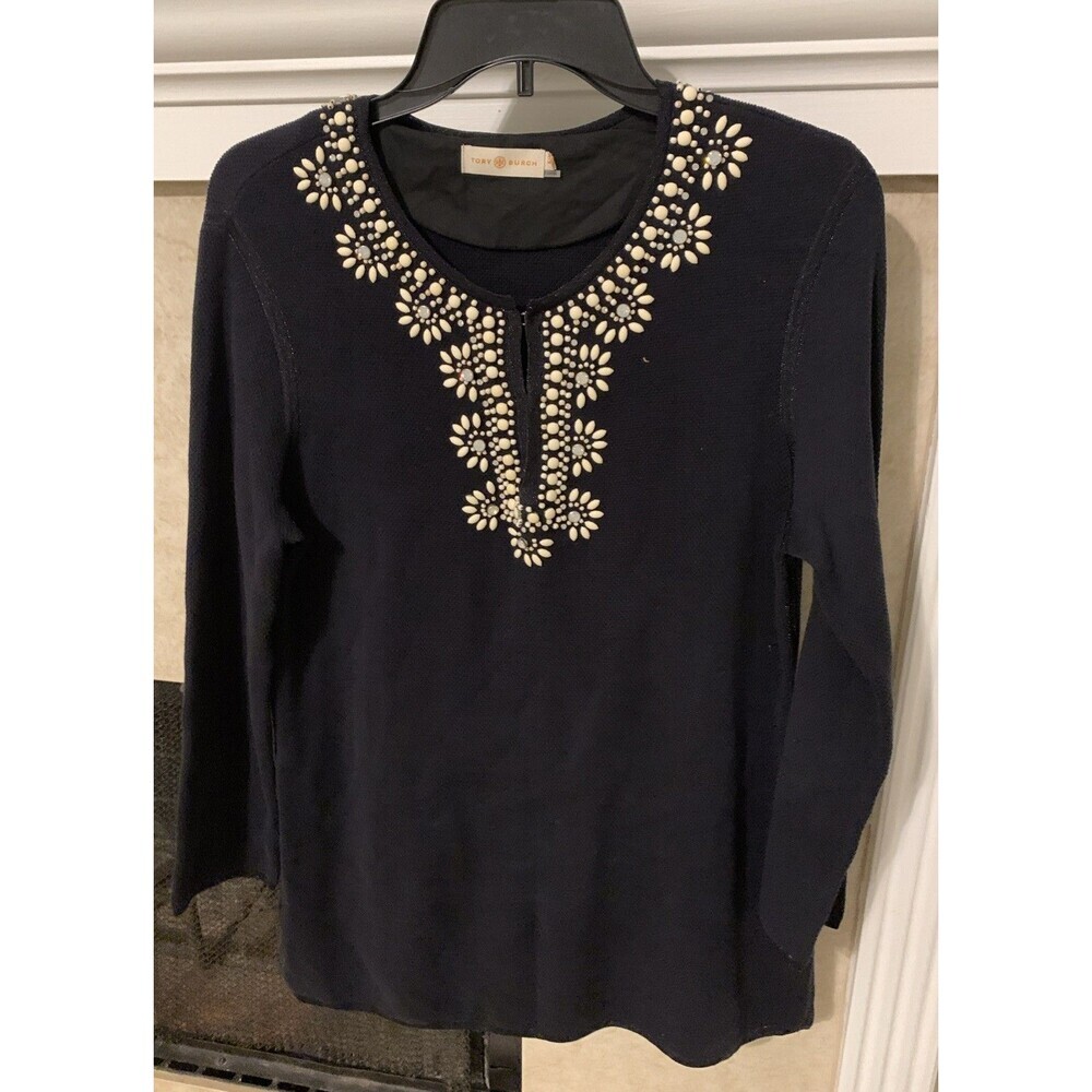 Tory Burch Embellished Black Sweater Tunic Beaded Floral  Size M Cotton